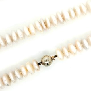 Perlkette Perlcollier, linsenförmig, 51 cm lang, Kugelschließe 925 Silber