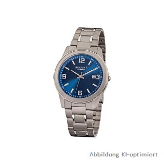 Regent Herrenuhr mit stahlblauem Zifferblatt, Datum, Metallband, Titan F-840