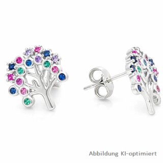Ohrstecker Lebensbaum mit farbigen Zirkonia multicolor echt Silber 925 Glanz