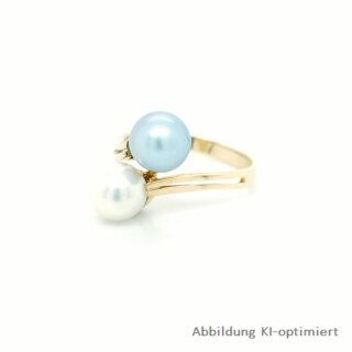 Damenring, echt 585/Gold, Perle, weiß/blaugrau, Ringweite 57