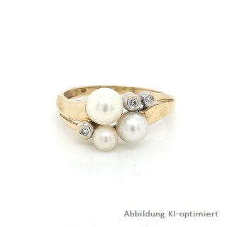 Damenring mit Perle und 3 Diamanten echt Gold 585 Ringweite 61