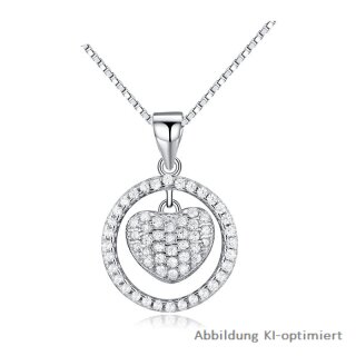 Runder Anhänger mit Herz Zirkonia echt Silber 925 Glanz inkl. Kette 45cm