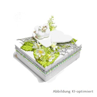 Ringschachtel, Ringbox für Trauringe/Eheringe mit 2 weißen Herzen und Tauben, 9x9 cm