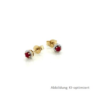 Ohrstecker rund mit Rubin und Diamanten echt Gold 585 Glanz 5mm