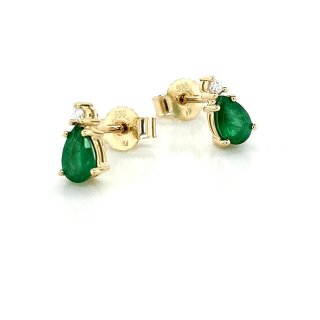 Ohrstecker mit Smaragd Tropfen und Diamant echt Gold 585 Glanz 8,6x5mm