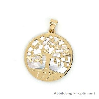 Anhänger Lebensbaum rund echt Gold 585 mit Perlmutt 26x20mm