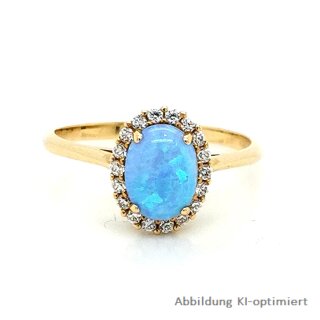 Damenring mit Opalith blau und Zirkonia, 585 Gelbgold 14x10mm