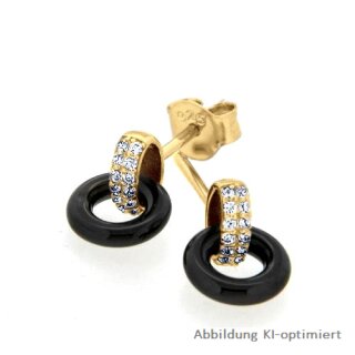 Ohrstecker Ring echt Silber vergoldet mit Zirkonia und Achat schwarz 12x9mm