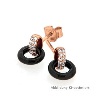 Ohrstecker Ring echt Silber rosévergoldet mit Zirkonia und Achat schwarz 12x9mm