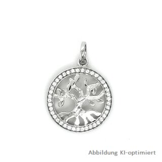 Anhänger Lebensbaum rund mit Zirkonia echt Silber 925 matt/Glanz 25x17mm