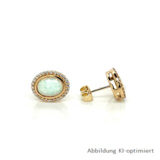 Ohrstecker oval  mit Opalith hell und Zirkonia echt Gold 585 Glanz 10x12mm