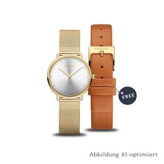 Bering Damenuhr Stahl Meshband IP goldfarben 3 ATM Saphirglas inkl. Wechselarmband Leder braun 15792-530