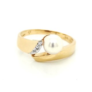 Damenring mit Perle und 2 Diamanten echt Gold 585 Glanz Ringweite 58
