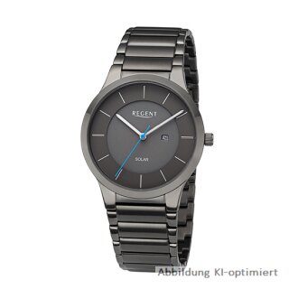 Regent Herrenuhr Solar grau Stahl Metallband Datum 5 bar BA-726