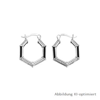 Bügelcreolen sechseckig mit Zirkonia  und schwarzem Lack echt Silber 925 Glanz 23mm