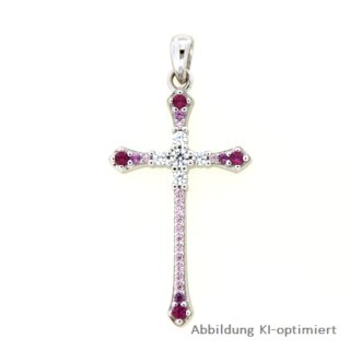 Anhänger Kreuz schlank mit Zirkonia weiß/rot echt Silber 925 Glanz 36x17mm