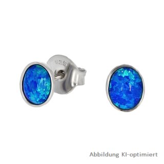 Ohrstecker oval mit synth. Opal blau echt Silber 925 Glanz 7x5mm