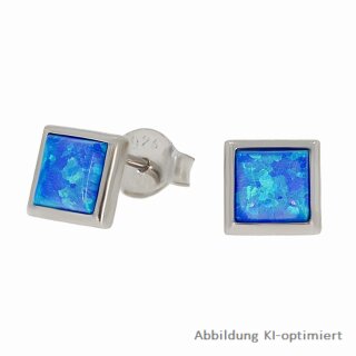 Ohrstecker Quadrat mit synth. Opal blau echt Silber 925 Glanz 6,5mm