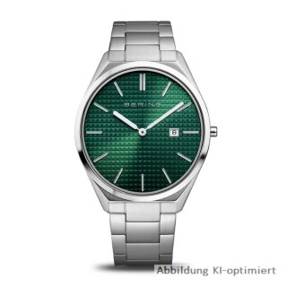Bering Herrenuhr Ultra Slim Edelstahl silber poliert/gebürstet Saphirglas, Ziffernblatt grün, Datumsanzeige, 3 ATM, 17240-708