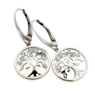 Ohrpendel Lebensbaum rund echt Silber 925 mit Zirkonia 34x16mm