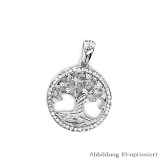 Anhänger Lebensbaum rund mit Zirkonia echt Silber 925 Glanz 29x20mm