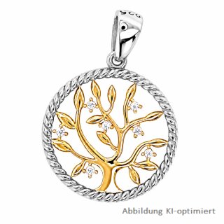 Anhänger Lebensbaum bicolor rund mit Zirkonia echt Silber 925 Glanz 28x19mm