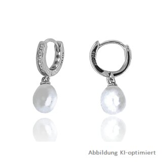 Creolen mit Perlen-Einhänger echt Silber 925 Glanz mit Zirkonia 22x7mm