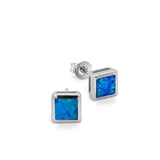 Ohrstecker Quadrat mit synth. Opal blau echt Silber 925 Glanz 6mm