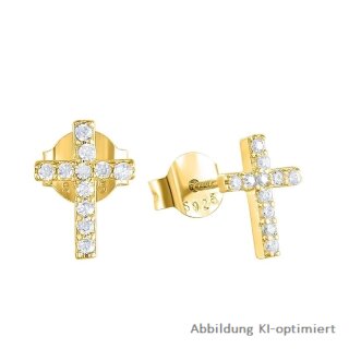 Zarte Ohrstecker Kreuz mit Zirkonia echt Silber 925 vergoldet 8x6mm