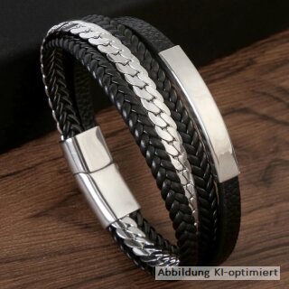 Vierreihiges Gravur-PU-Lederarmband 21 cm mit polierten Edelstahlelementen