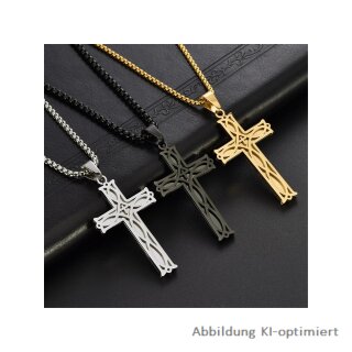 Edelstahl-Kreuz-Anhänger „Celtic Gothic“ (55 × 27 mm) mit 60 cm Himbeerkette