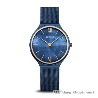 Bering Damenuhr, Ultra Slim, blau poliert/gebürstet, Ziffernblatt Perlmutt 3 ATM 18434-397