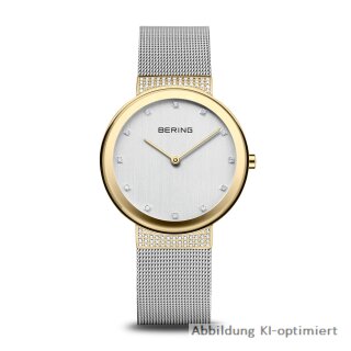 Bering Damenuhr  Classic, Gehäuse goldfarben, Band Milanaise silberfarben, flaches Saphirglas, 3 ATM Wasserdicht 10135-0105