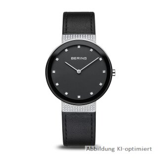 Bering Damenuhr  Classic, Gehäuse silberfarben, schwarzes Lederband, flaches Saphirglas, 3 ATM Wasserdicht 10135-4025