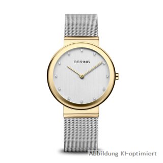 Bering Damenuhr  Classic, Gehäuse goldfarben, Band Milanaise silberfarben, flaches Saphirglas, 3 ATM Wasserdicht 10135-010