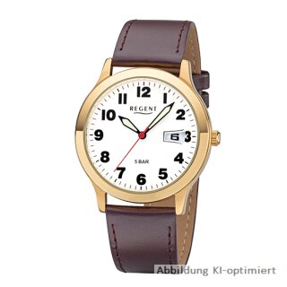Regent Herrenuhr Lederband braun IP-vergoldet Datum 5 Bar - F-789