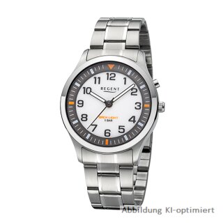 Regent Herrenuhr Metallband Gehäuse Stahl weißes Ziffernblatt mit Leuchfunktion Sekundenzeiger 5 Bar - F-1609