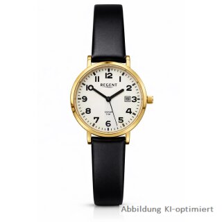 Regent Damenuhr, goldfarben Datum 5 BAR Ziffernblatt nachtleuchtend  Saphirglas Lederband schwarz- BA-791