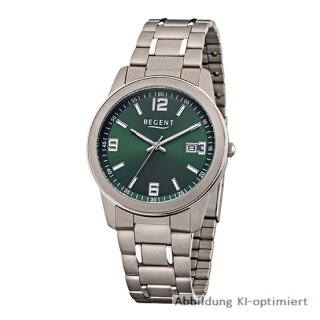 Regent Herrenuhr mit Zifferblatt in grün, Datum, Metallband, Titan F-1681