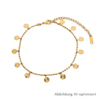 Vergoldetes Edelstahl Armband / Fußkette für Damen mit Plättchen-Anhängern – ca. 21,5 + 5 cm, 316L Chirurgenstahl mit Sonnenschliff