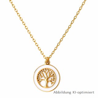 Goldfarbene Edelstahl Kette mit Lebensbaum-Anhänger und weißer Emaille – poliert, PVD-beschichtet, 45 + 5 cm