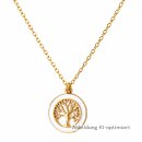 Goldfarbene Edelstahl Kette mit Lebensbaum-Anhänger und weißer Emaille – poliert, PVD-beschichtet, 45 + 5 cm