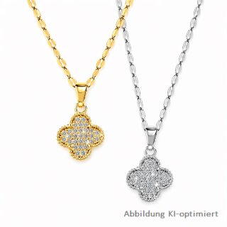 Edelstahl-Halskette mit Blumenanhänger und Zirkonia – beidseitig tragbar 40+5cm
