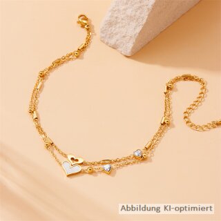 Goldfarbenes Fußkettchen / Armband aus poliertem Edelstahl mit Herzen und Perlmutt