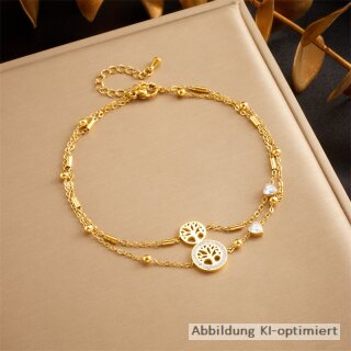 Goldfarbiges Fußkettchen aus Edelstahl mit Lebensbaum, Herz und Zirkonia zweireihig 21+5cm