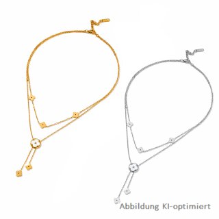 Fußkettchen aus poliertem Edelstahl mit Kleeblättchen und Perlmutt – 22 + 5 cm