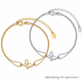 Zweireihige Fußkette / Armband aus poliertem Edelstahl mit Schmetterling und Perlmutt – 20 + 5 cm