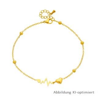 Goldfarbene Fußkette / Armband aus Edelstahl mit Herz- und Pulsmotiv – polierte PVD Fußkette mit Verlängerung