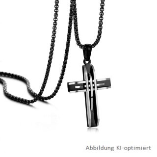 Kreuzanhänger Edelstahl schwarz PVD teilpoliert – mit schwarzer Venezianerkette, ca. 60 cm