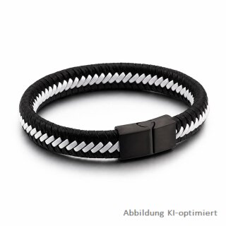 Geflochtenes Armband aus schwarzem Kunstleder mit weißem Stoff – Magnetverschluss geschwärzt, ca. 20 cm